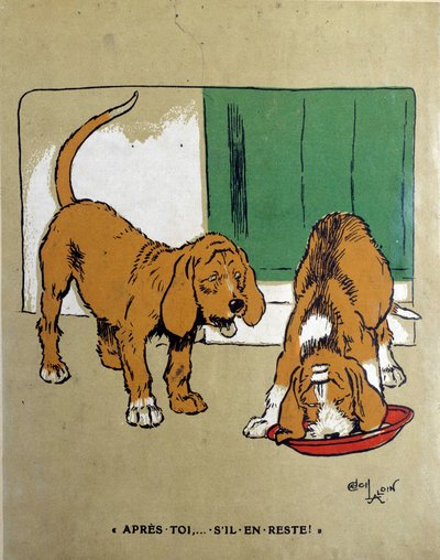 The law of the strongest: After you, if there is any left... One dog lets the other eat and finish the bowl. Drawing by Cecil Aldin, 19th century. Paris, Decorative Arts by Cecil Charles Windsor Aldin