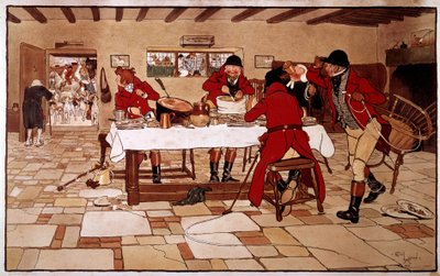 The Three Pigeon Snack. Hunters Cook and Eat Quickly Before Leaving for Hunting. Engraving by Cecil Aldin by Cecil Charles Windsor Aldin