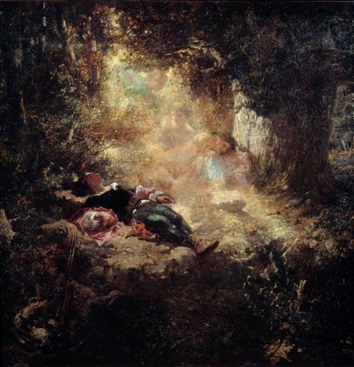 A ray of sunshine. Young people asleep in a clearway. Painting by Celestin Nanteuil (1813-1873) by Celestin Francois Nanteuil