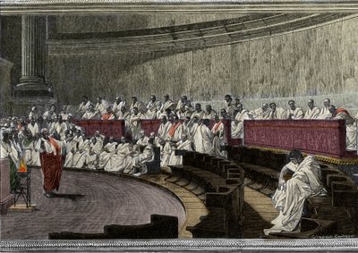 Cicero denounces the conspirator Catilina on 8 November 63 BC, The scene takes place in Rome in the Senate, engraved after the fresco made between 1882 and 1888 by Cesare Maccari. Rome Palazzo Madama by Cesare (after) Maccari