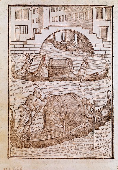 Gondolas in the lagoon of Venice in the 15th century by Cesare (after) Vecellio