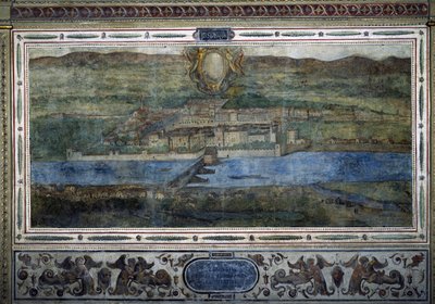 View of the city of Innsbruck, Austria. View of the cities of the Habsburg Empire. Fresco of the Michelozzo Court at the Palazzo Vecchio in Florence. Painting by Sebastiano Veronese Giovanni Lombardi, Cesare Baglioni and Turino da Piamonte, circa 1565 by Cesare Baglioni