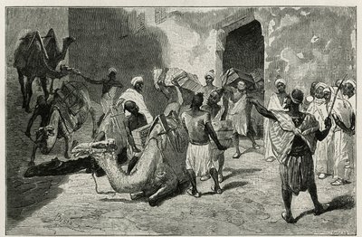 The loading of camels from the caravan of the author of the story, Atanger, engraving by Biseo, to illustrate the story Le Maroc by Edmondo de Amicis, in 1875, published in the tour du monde, under the direction of Edouard Charton by Cesare Biseo