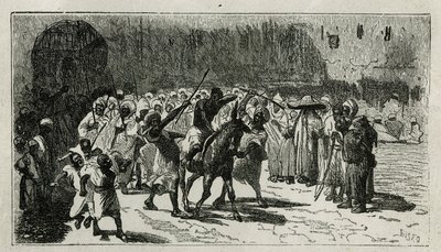 The punishment of a thief, climbs on a mule, he receives batons under the jeers of the crowd, engraving by C.Biseo, to illustrate the story Le Maroc by Edmondo de Amicis, in 1875, published in the tour du monde, under the direction of Edouard Charton by Cesare Biseo