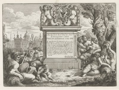 Dedication to and Coat of Arms of Agostino Chigi and View of Rome (series title: Fountains of Rome) by Cesare Fantetti