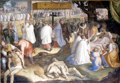 Saint Charles Borromeo Communized the Dying Pestiferous People During the Plague from 1575 to 1577 in the Lazaret of Milan. Fresco by Charles Nebbia at Borromeo College in Pavia (Milan) by Cesare Nebbia