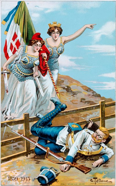 First World War: Poster Depicting an Allegory of Italy and France Chasing Germany Beyond the Border by Cesare Tallone