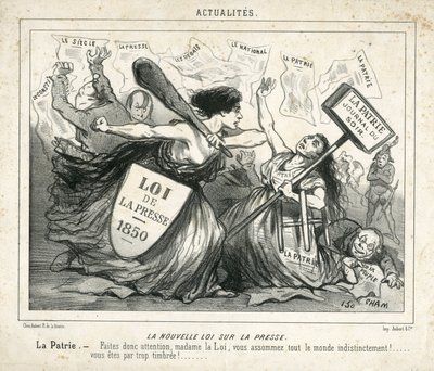 Illustration of Cham in Le Charivari, circa 1850 - The New Law on the Press - Censorship, Press/Media, Law - Proudhon Pierre-Joseph, Girardin Emile de - Allegory by Amédée de Noé
