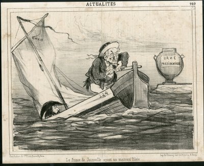 Illustration of Cham (1819-1879) in Le Charivari, circa 1850 - The Prince of Joinville having a bad pilot - Elections, President of the Republic, Maritime Marine Nautique Balneaire - Thiers Adolphe, François d