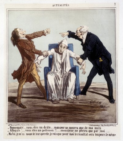 Cartoon on allopathy and homeopathy by Cham by Amédée de Noé