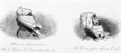 Satirical drawing on the bourgeois at the time of the French revolution. Fashion of high ties: under the Terror, the beautiful hid their heads... Past Terror... Hey, there he is! In Tortures de la mode by Cham by Amédée de Noé