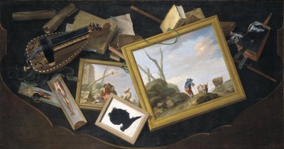 Disordered Table with Paintings, Hurdy-Gurdy, Books, and Other Trompe-l