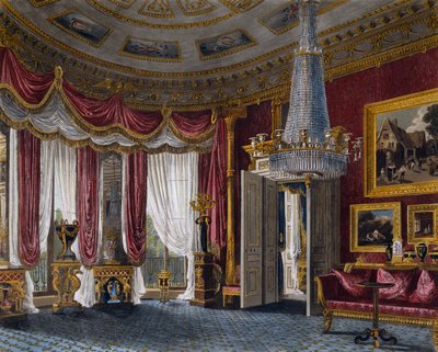 Pink satin drawing room, Engraving by Richard Reeve, Based on design by Charles Wild, From The History of the Royal Residences by Charles (after) Wild