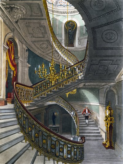 Staircase, Engraving by Richard Reeve after drawing by Charles Wild, From The History of the Royal Residences by Charles (after) Wild