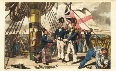 Captain Spring Makes Midshipman Newcome His Aide-de-camp and Hands Him His Sword on the Quarterdeck of HMS Victory by Charles (c.1797 1850) (after) Williams