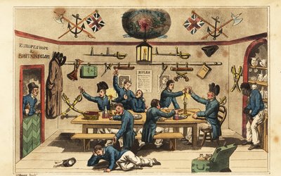 Johnny Newcome bringing rum to his fellow officers in the midshipman’s mess by Charles (c.1797 1850) (after) Williams