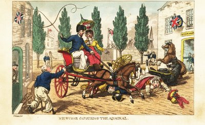 Midshipman Newcome crashes his gig into the admiral’s two-horse carriage in Gosport by Charles (c.1797 1850) (after) Williams