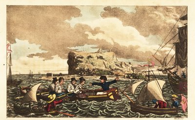 Midshipman Newcome transferred by rowboat to the HMS Vanguard near Gibraltar by Charles (c.1797 1850) (after) Williams