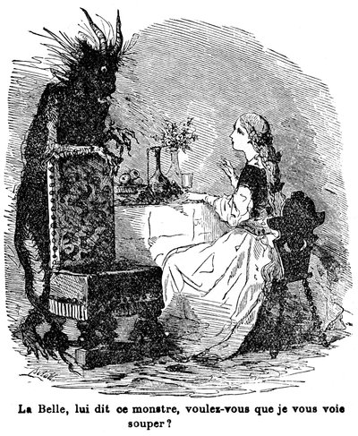 Illustration for the tale of Mrs. Jeanne Marie Leprince de Beaumont “Beauty and the Beast”, 19th century by Charles Albert dArnoux Bertall