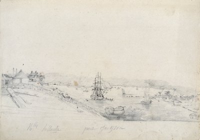 On the right, the camp of the French of the Baudin expedition to Bennelong point, left, Sydney, home of Nicolas Bayley- pencil and ink by Charles Alexandre Lesueur by Charles Alexandre Lesueur