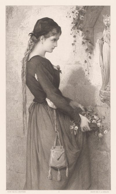 Young Woman Bringing Flowers to a Niche with a Statue of Mary by Charles Alphonse Deblois