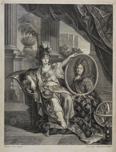 Louis XIV (1638-1715), King of France, Protector of Sciences - engraving by Antoine Coypel in 