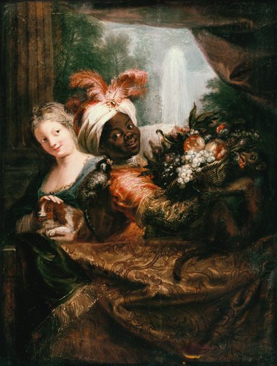 Young Black Man Holding a Basket of Fruit and a Young Girl Stroking a Dog by Charles Antoine Coypel