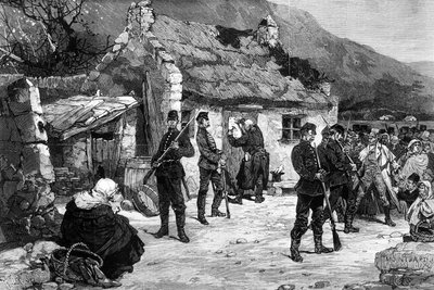 Eviction of an Irish farmer by English police, print made by F. Moller, from 