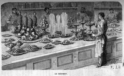 Cuisines of the Palais des Tuileries: Preparation of desserts during a reception under the Second Empire. Engraving by Barbant by Charles Barbant