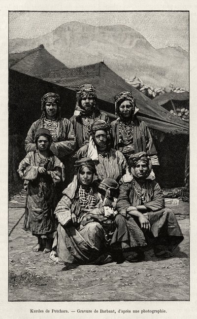 Kurds of Petchara (Turkey). Engraving by Barbant to illustrate the story “Across Russian Armenia, Karabagh, Valley of the Araxe, Massif of Ararat” by Madame B.Chantre, in Le tour du Monde 1892, directed by Edouard Charton, Hachette, Paris by Charles Barbant