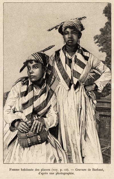 Women living in placers, mineral deposits. Engraving by Barbant to illustrate the story chez nos indiens, quatre annees de voyage dans la Guiane francaise by Charles Barbant