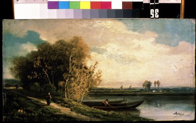 The Coast. Riverbank Landscape with a Fisherman and a Peasant Woman by Charles Barthelemy Durupt