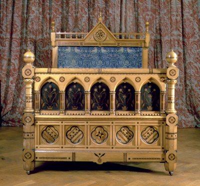 Gothic Revival Inlaid Bed with Padded Headboard, Made by Marsh & Jones, c.1866 by Charles Bevan