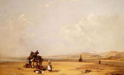 Fishermen unloading their catch on the beach in Cardigan Bay by Charles Branwhite
