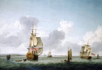 A ship with two decks and a frigate going up the Thames, off Gravesend by Charles Brooking