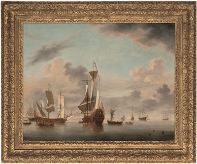 An English two-decker of forty guns riding at anchor off a coast with a galliot close by and five men-o