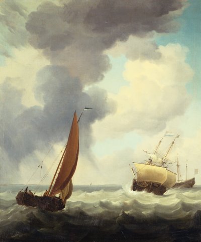 Dutch Merchant Ships and a Coastal Trader in Choppy Seas by Charles Brooking