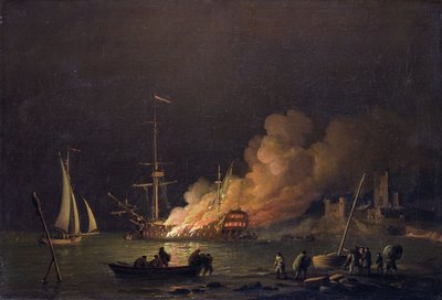 Ship on Fire at Night by Charles Brooking