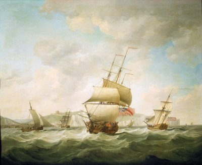 Trading ship and a royal yacht beaten in the wind, off the coast of Dover by Charles Brooking