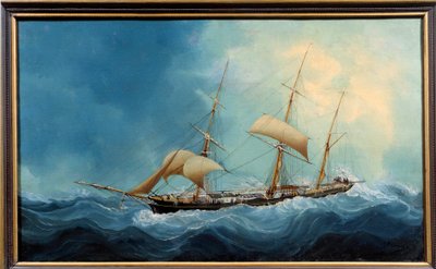 A Three-Masted Sailboat in Flight - A Three-Masted Ship Fleeing by Charles Cheri Dubreuil