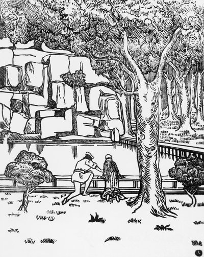 People looking at source, woodcut for Pelleas and Melisande by Maurice Maeterlinck, published by Claudio Argentieri, Spoleto, Italy by Charles Doudelet