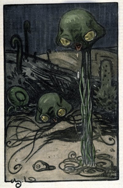 An inhabitant of the planet Mars. Illustration by M. Dudouyt for the novel by H.G. Wells 