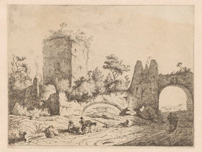 Landscape with Ruin of a Tower and a Gate (series title: Prints with Ruins in Landscapes, Cahier de ruines et de paysages) by Charles Echard (attributed to)