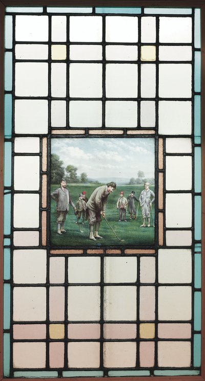 A Late Victorian Leaded Glass Window with The Golfers, c. 1890 by Charles Edmund Brock