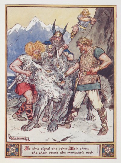 Tyr Pledges His Hand to Chain the Fenrir the Wolf, Illustration from The Heroes of Asgard by Annie Keary by Charles Edmund Brock