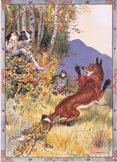 Out of the bushes sprang the dog, scene from The Story of the Partridge, the Fox and the Hound in Children