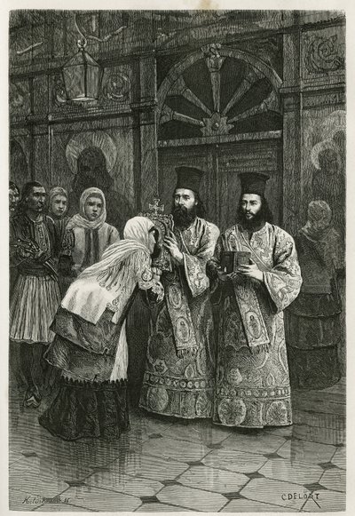 Priests giving a kiss to the holy images (Engraving by Ch. Delort) by Charles Edouard Delort