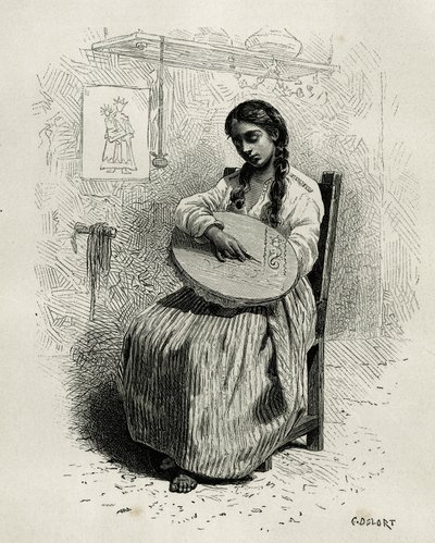 The embroiderer, in Salento, region of Quindio (Colombia), engraving by Ch.Delort, to illustrate the story of America Equinoxiale by E.Andre, mission assignment by the French government, published in the tour du monde, under the direction of Edouard Charto by Charles Edouard Delort