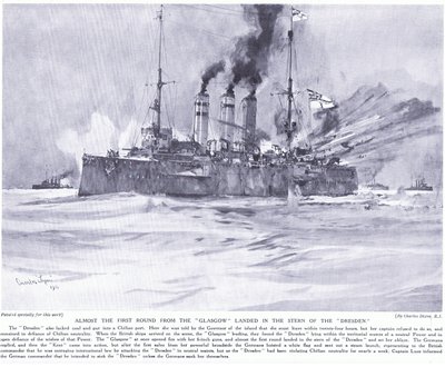 Almost the First Round from the Glasgow Landed in the Stern of the Dresden by Charles Edward Dixon