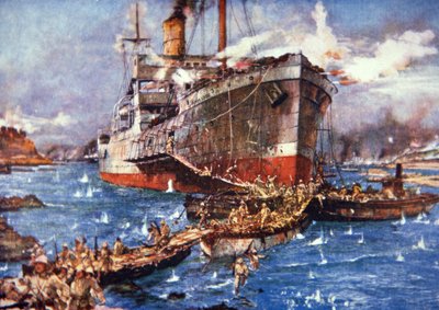 British troops from the River Clyde land at V Beach, Gallipoli, 25th April 1915 by Charles Edward Dixon